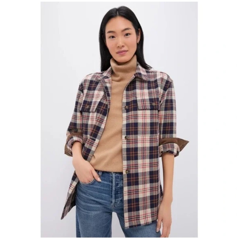 Tuckernuck Platt Ranch Jacket Shacket Small Cotton Pockets Cream‎ Navy Plaid NWT